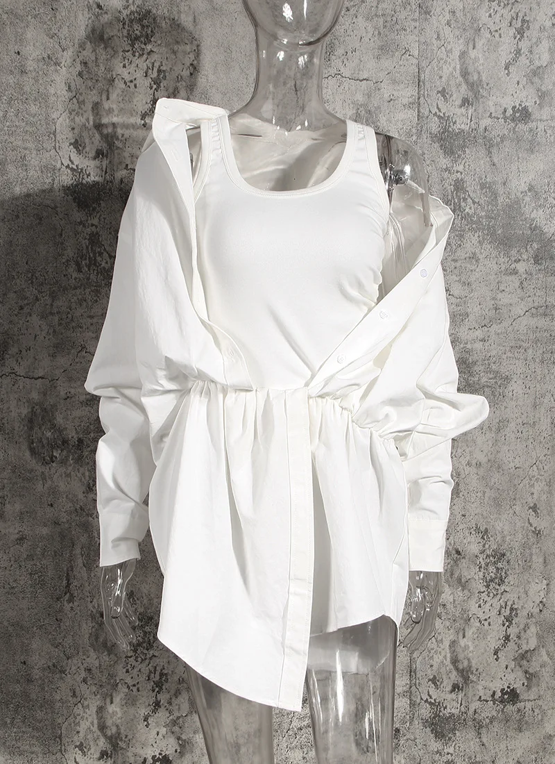 Women's Medium Long Untrue Two-Piece Dress White Irregular Suspender Vest Inside Niche Spring Shirt Dress
