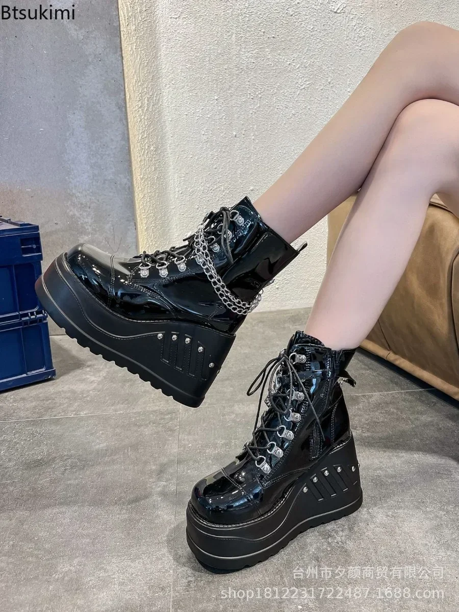 2024 Women\'s Fashion Boots Plus Size Black Zipper Lace Up Chain Wedge Platform Women Motorcycle Boots Girls Gothic Punk Shoes