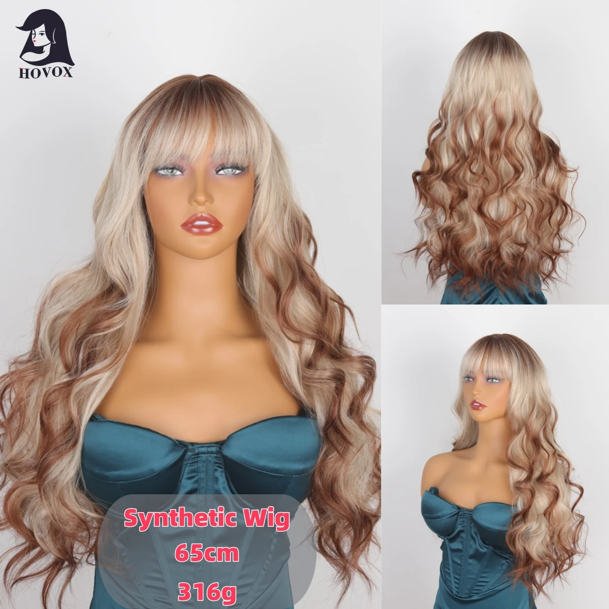 HOVOX Synthetic Wig For Women Gradient Brown Long Curls Air Bangs Daily Versatile Party Cosplay European and American Women Wig