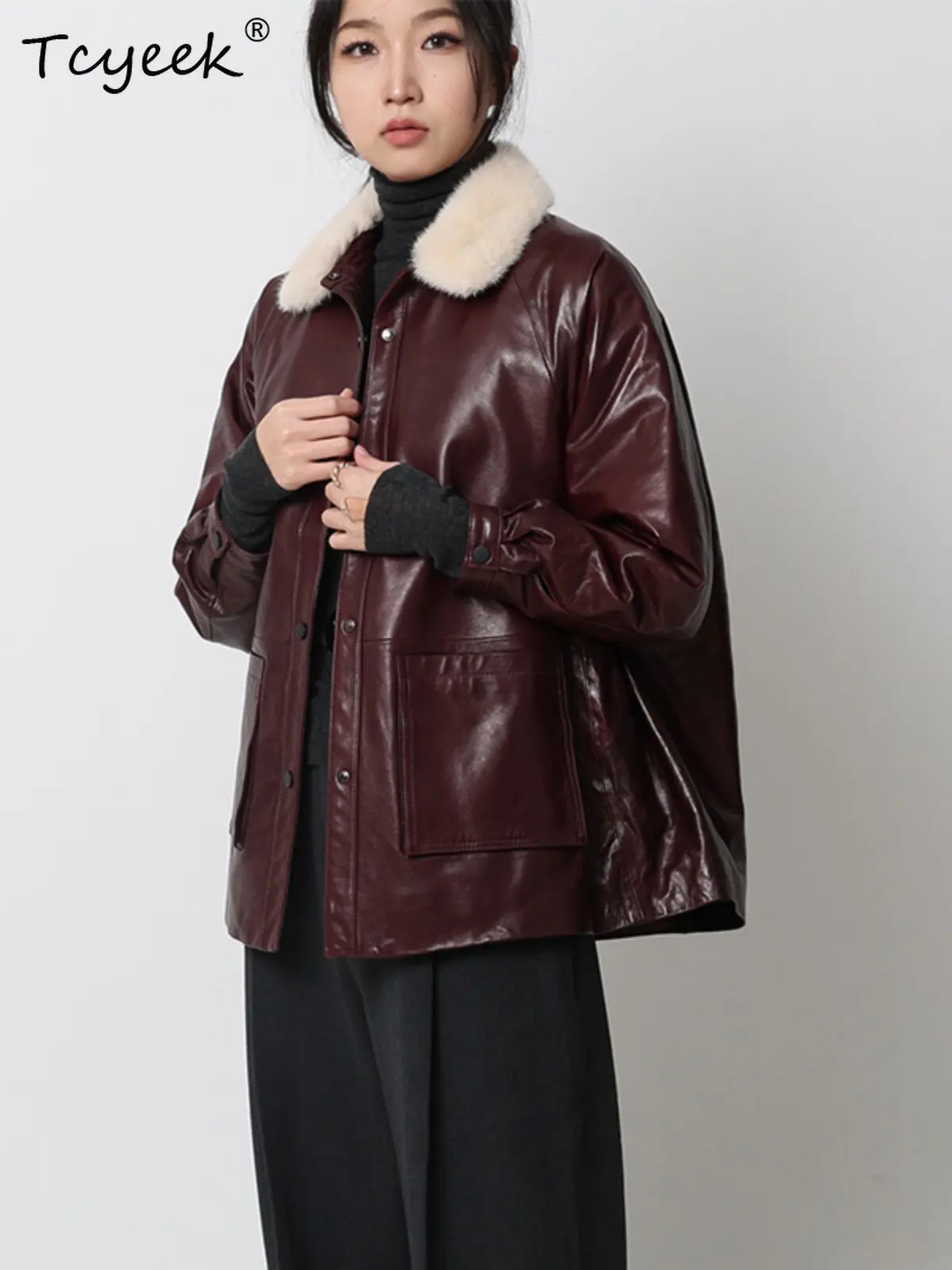 Tcyeek Real Leather Jackets for Woman Sheepskin Goose Down Coat Warm Mink Collar Winter Jacket Loose Fit Fashion Jaqueta Couro