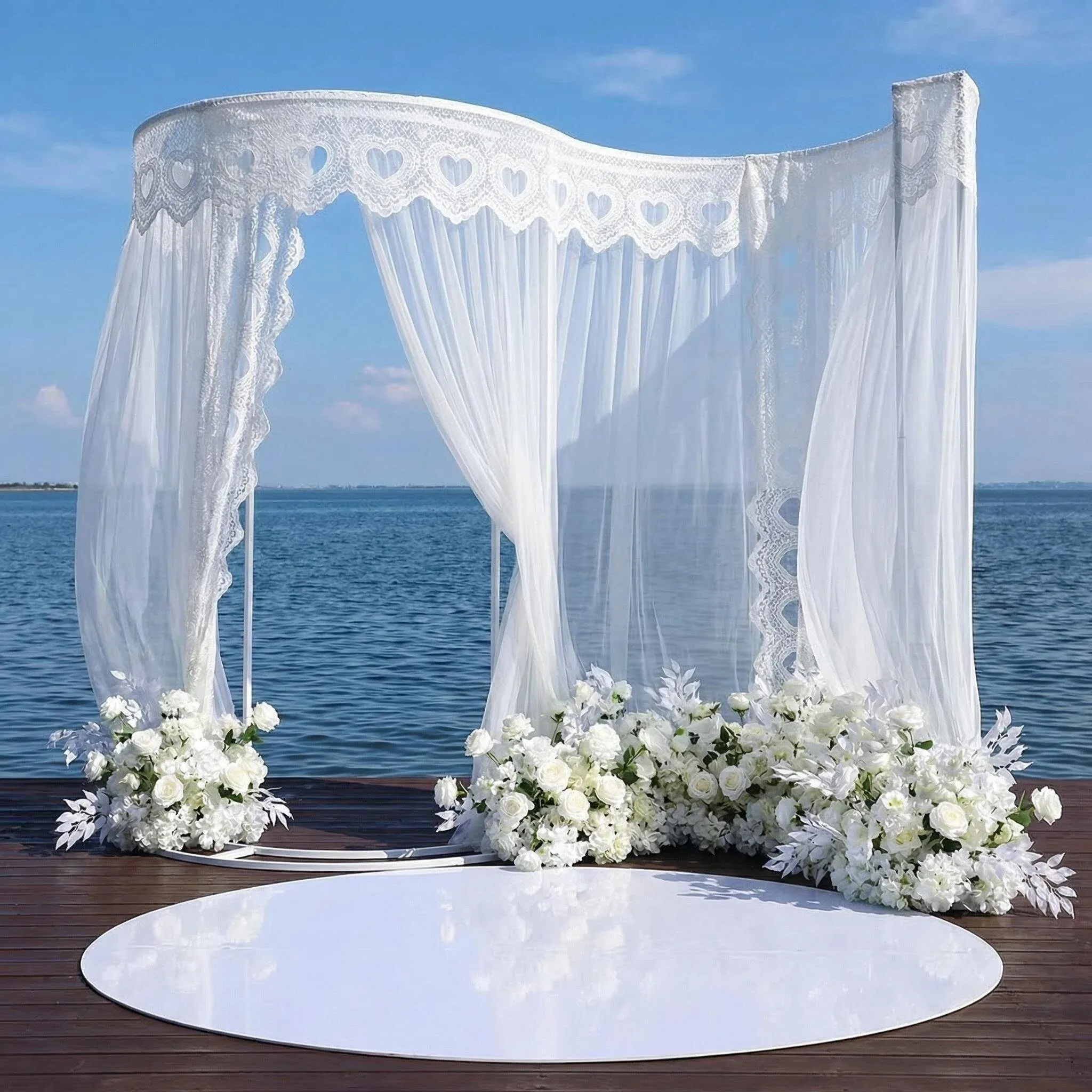 S-förmiger Hochzeitsbühnen-Hintergrund, gebogener Blumenbogen-Rahmenständer, Metallständer zum Aufhängen von Kristallvorhängen, Schleifen und Spitzenverzierungen – Detail 1