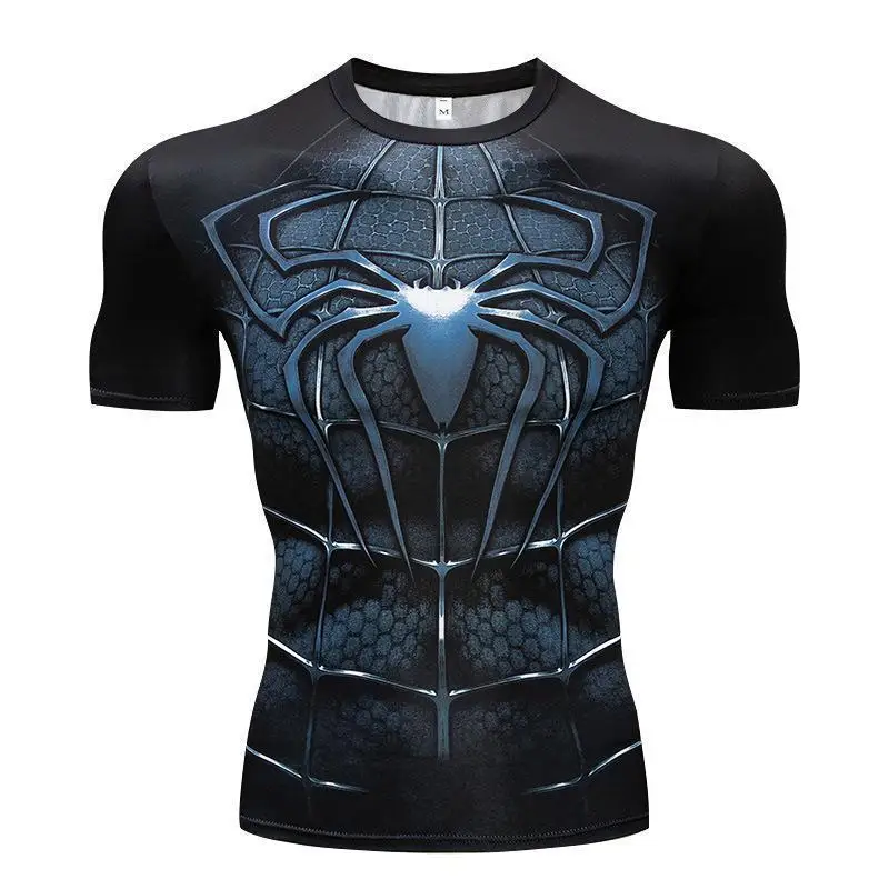 Marvel Spiderman Iron Man T-Shirt Superheroes Trendy Print T-shirt Man Gym Workout Quick-drying Tight Fitting Sportswear Clothes