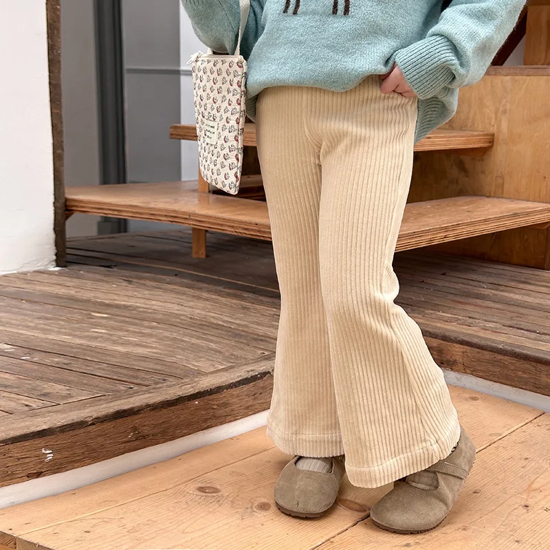 Children Clothes Kids Casual Pants 2024 Autumn Girls Vintage Corduroy Bell Bottoms Solid Color Full Length Kids Simple Pants