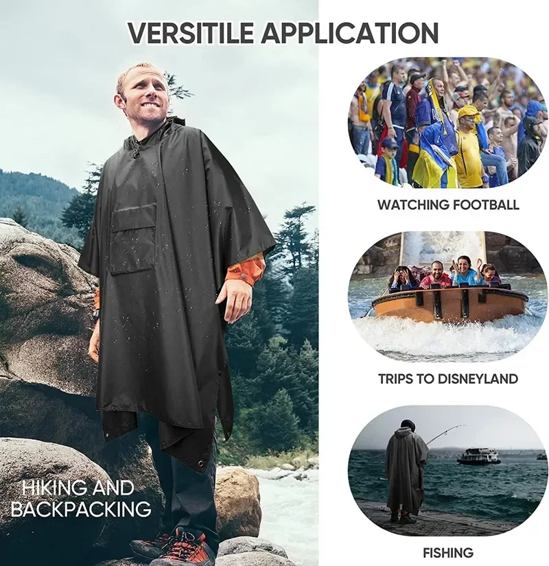 Poncho de pluie à capuche pour adultes, veste imperméable et légère unisexe avec poche pour randonnée Camping urgence