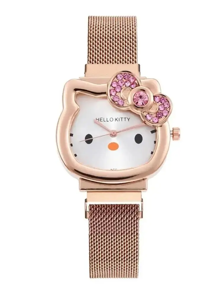 Hello Kitty diamant montre chat arc Kawaii rose dames or argent métal bijoux dessin animé montre magnétique petite amie anniversaire