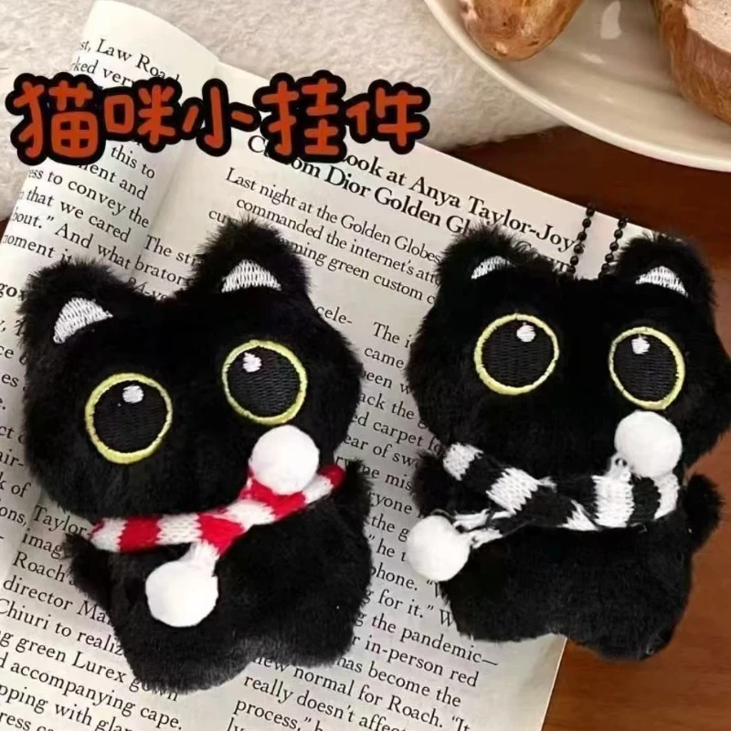 New Kawaii Big Eyes Cat Plush Doll With Scarf Black Cat Keychain Bag Pendant Cartoon Kitten Ornament Festival Gift For Friends