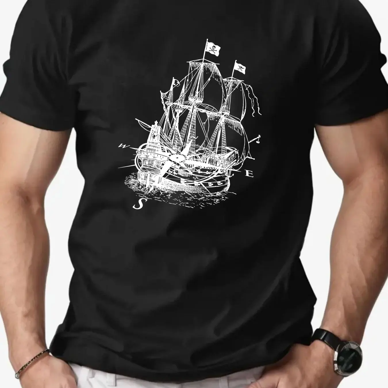 Men Nautical-Themed Summer T-Shirt Casual Crew Neck Short Sleeve Cotton Tee with Vintage Ship Illustration Men Clothing