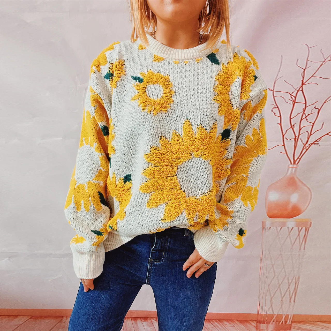 Sunflower O-neck Sweater Women Jacquard Autumn Winter Simple Pullover Knit Elastic Jumper Casual Thick Loose Warm Y2k Jumpers