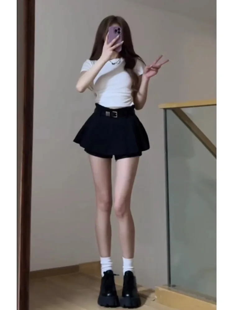 

Черные плиссированные юбка-брюки с высокой талией А-силуэта для женщин, идеально подходят к ботинкам на раннюю весну