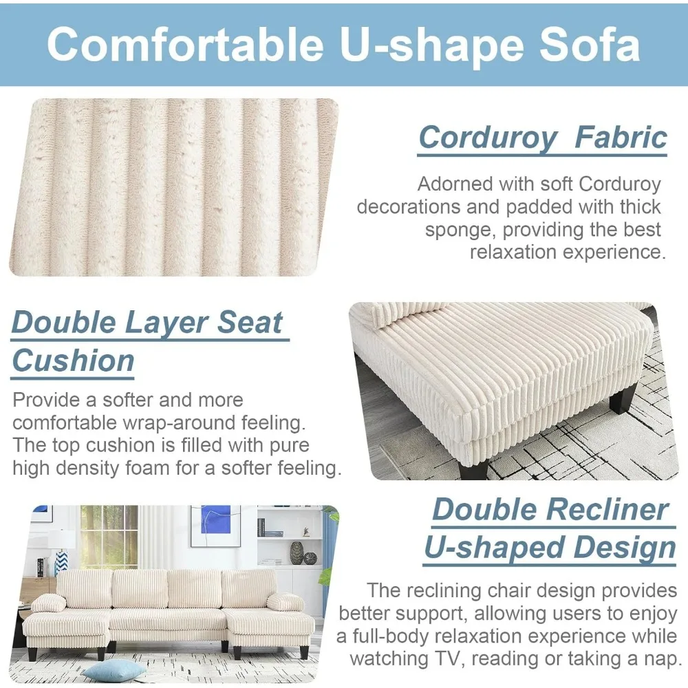 Sofá secional conversível em forma de U com espreguiçadeira dupla, estofamento de veludo, almofada dupla para sala de estar Cloud Comfort