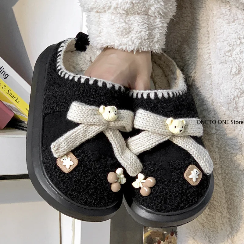 

Hot Sale New Cartoon Bear Bow Cotton Slippers Women's Winter Indoor Home Soft Platform Fleece Warm Non-slip Slippers Wholesale