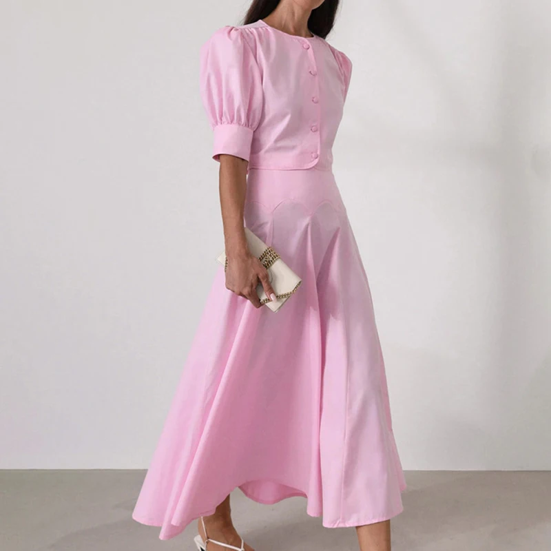 

Ticketsx Pink Pleated Skirt Set Women's Puff Sleeve Single Breasted Top High Waist Skirt Set Lady Elegant Office Lady Dress Sets