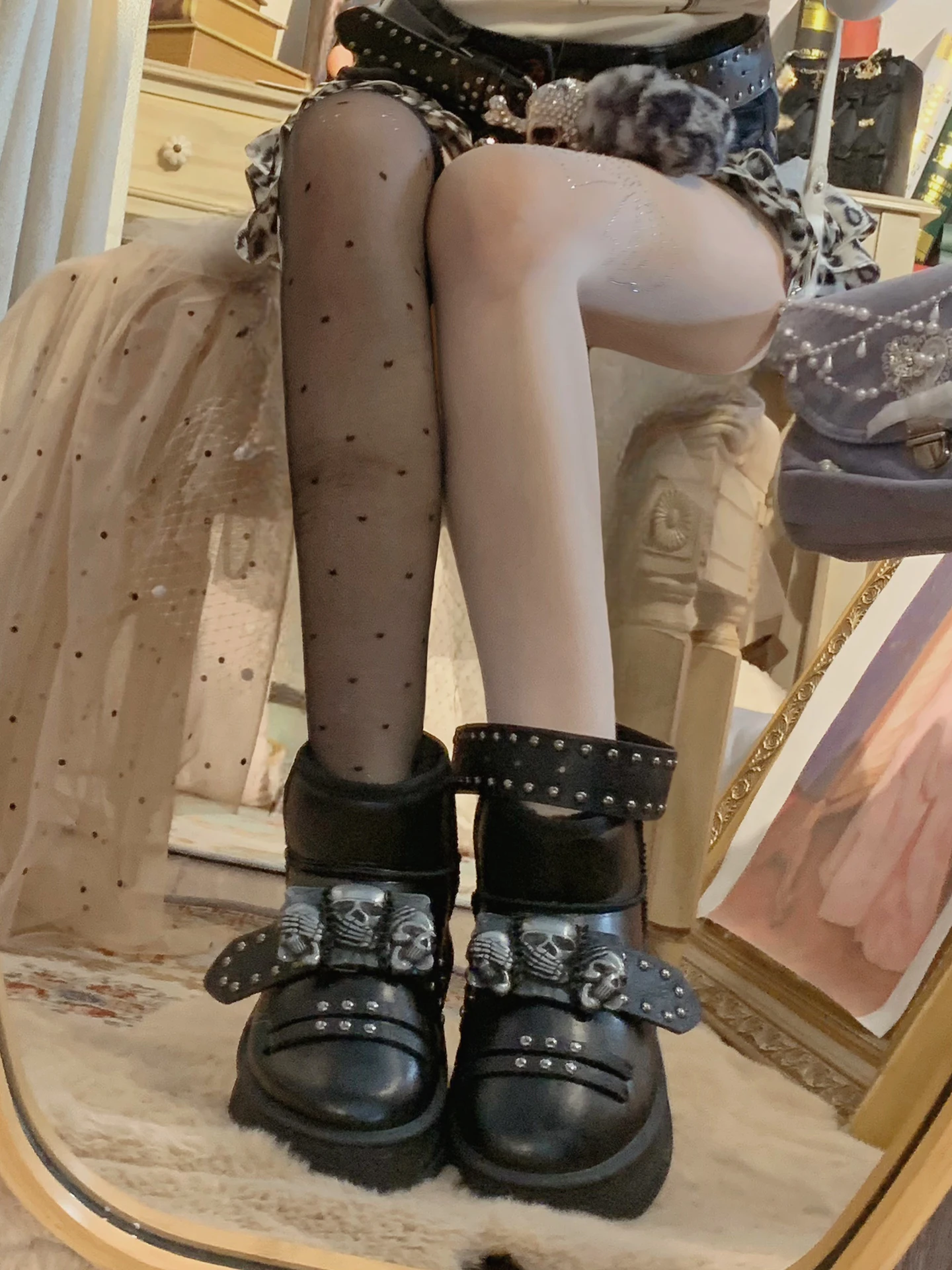 Pinkyo Original Black Boots Skeleton Fashion Boots Tall Thick Bottom High End Punk Motorcycle Boots