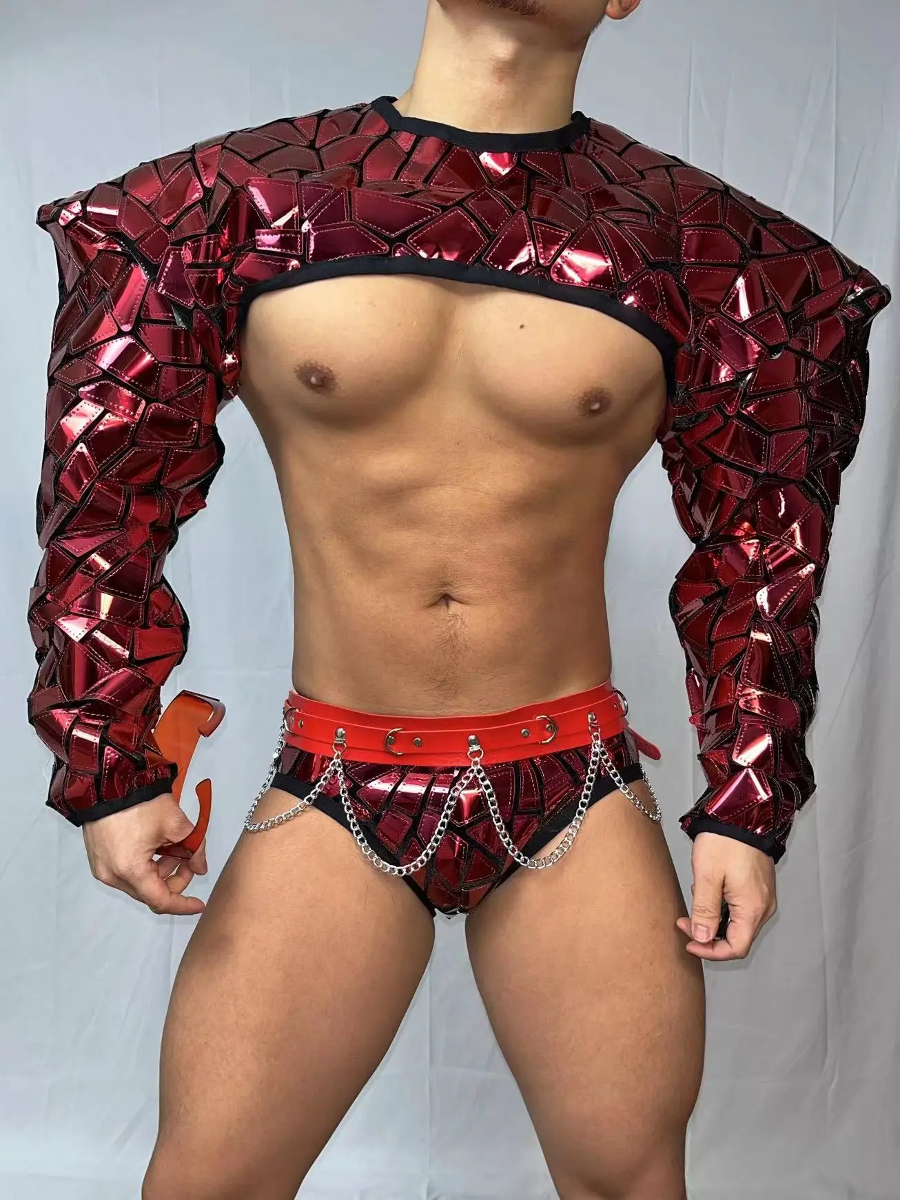 sexy Technology show men RED Mirror Sequins Muscle Man Pole Dance Outfits Club Party Show Performance costume Bar Nightclub