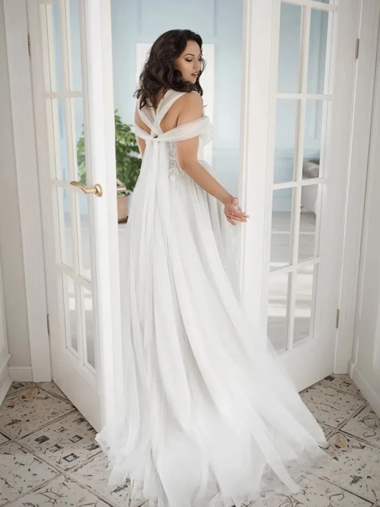 Plus Size Wedding Dresses  V Neck Off The Shoulder Tulle Appliqued Boho Bridal Gown Custom Made Vestido De Noiva