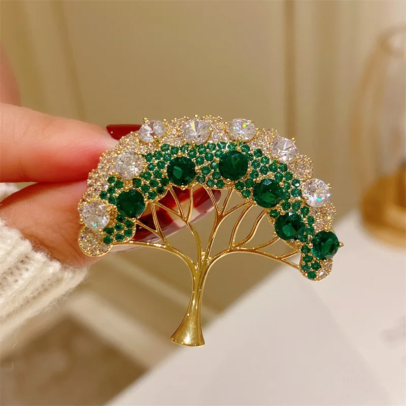 Life Tree Design Brooches For Women Gold Color Green Zirconia Stone Fashion Jewelry Cute Clothes Pin Accessories Party Corsage