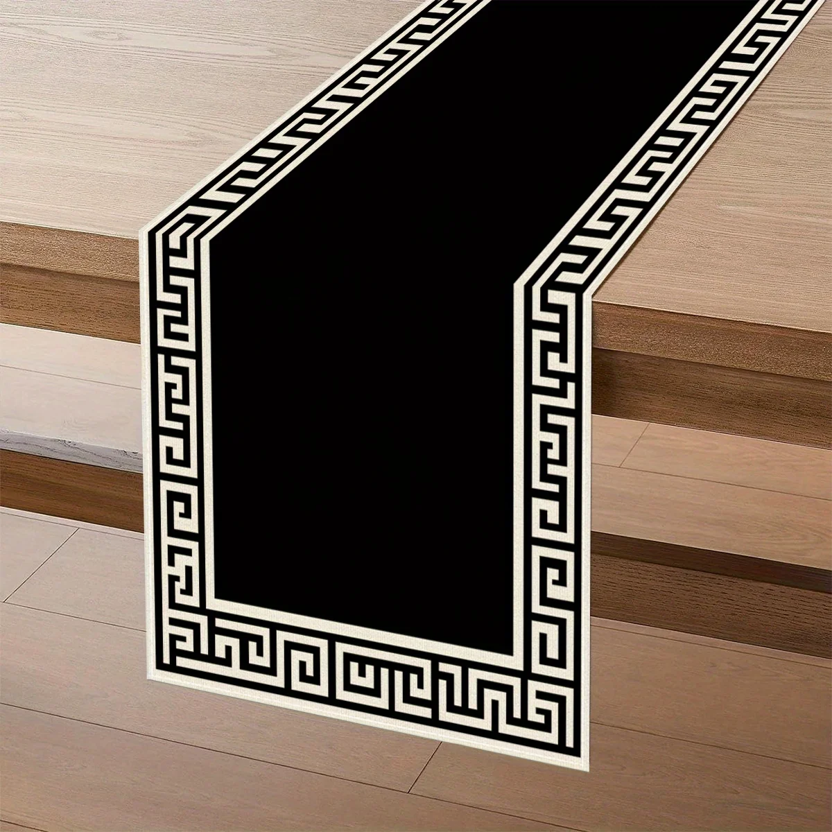 Holiday Happy Table Runner: 1pc Black Background with White Repeated Geometric Greek Key Pattern Table Runner, for Party Decor