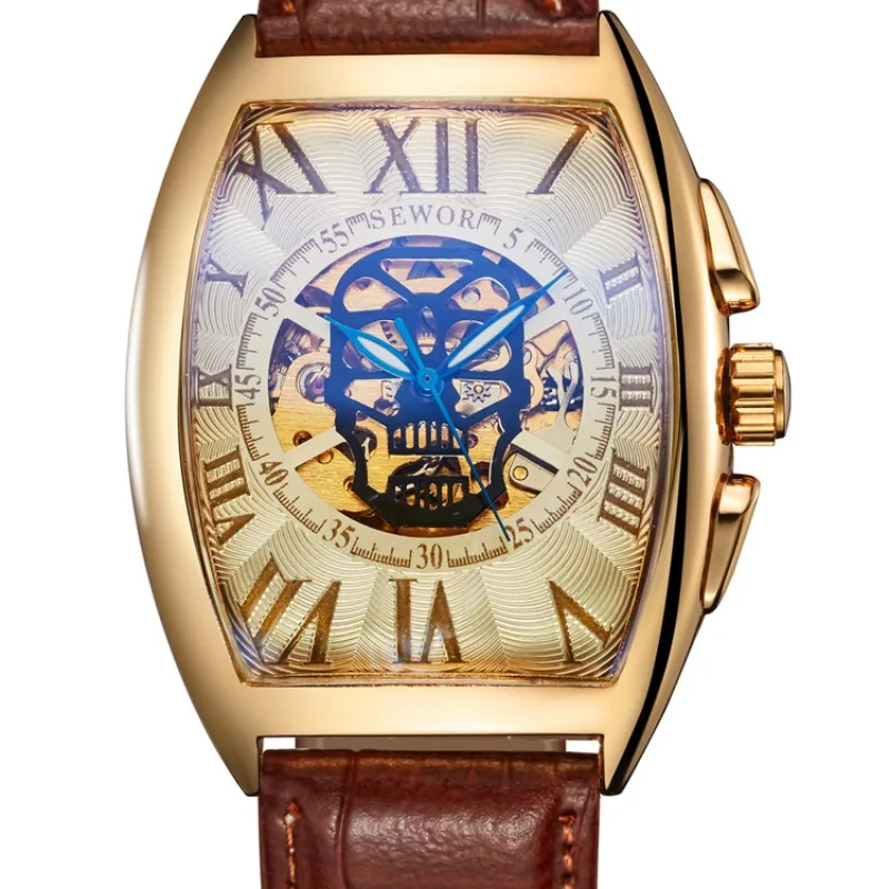 SEWOR Brand Skull Men's Mechanical Watch Automatic Self Wind Fashion Tonneau Wristwatch Brown Leather Strap Nice Gift