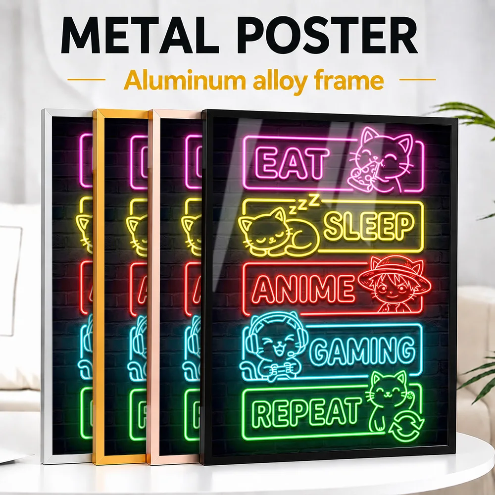 Anime Gaming Repeat Quote Framed Metal Print Customized Photo Bold Typography Style Wall Art For Bedroom Premium Collector Gift