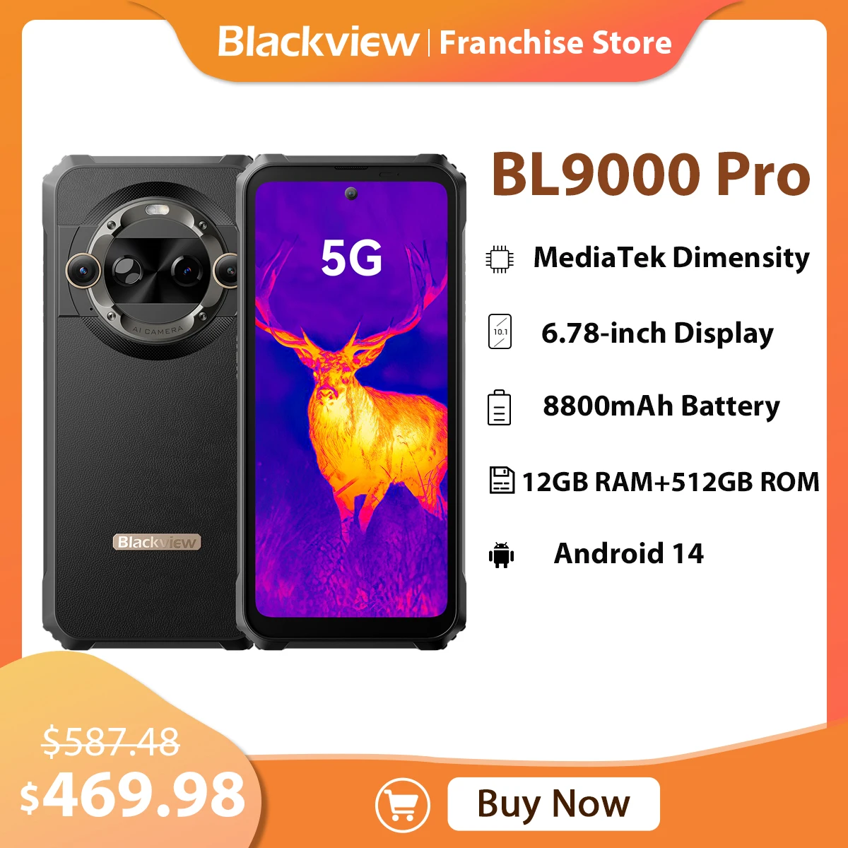 Blackview BL9000 Pro 5G Rugged Phone 6.78 Inch FHD+ Display 12GB 512GB Android 14 50MP Camera 8800mAh with 120W Fast Charging