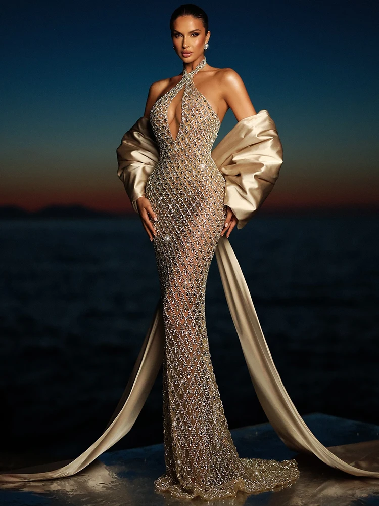 فستان طويل بحورية البحر باللون البيج للحفلات المسائية بفتحة مفتاح بدون ظهر ترتر بدون أكمام فساتين ماكسي للمشاهير #1