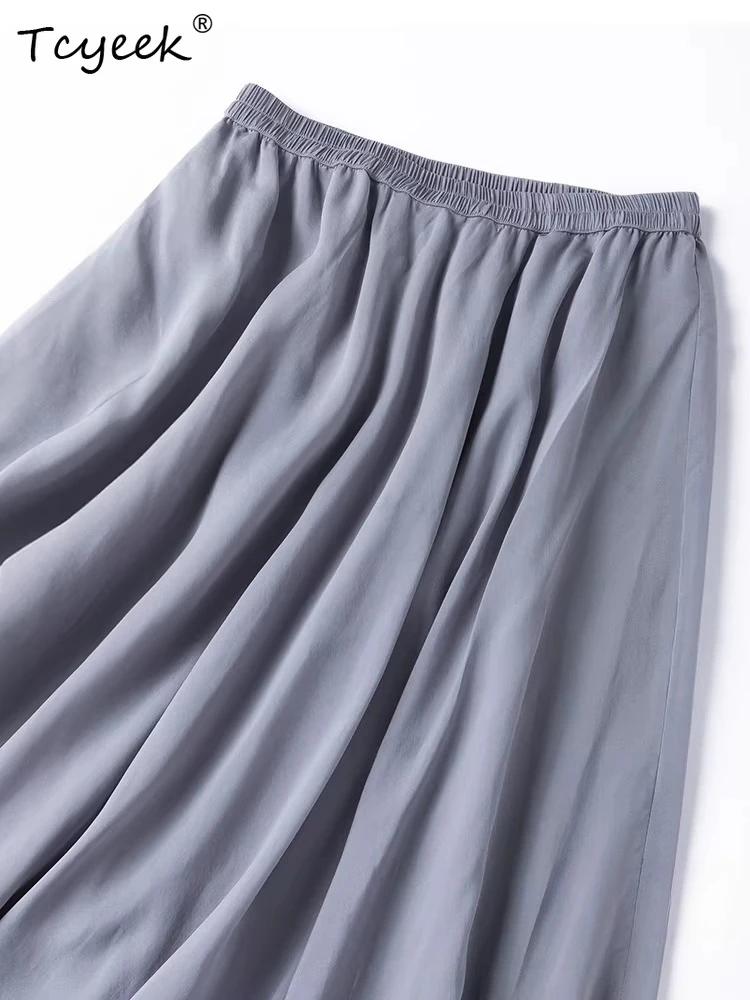 Tcyeek 100% Real Silk Skirts for Women 2026 Spring Summer Elastic Waist Flowing Elegant Skirt Woman Clothing Faldones Para Mujer