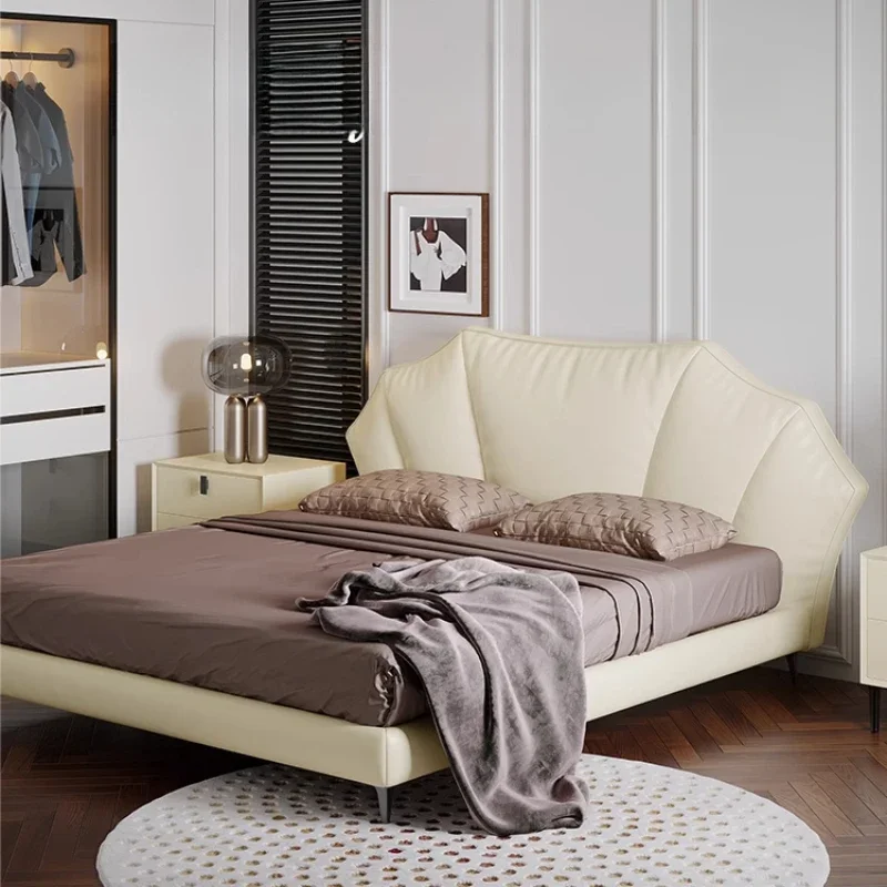 

Light luxury leather bed cream wind shell bed high box storage bed