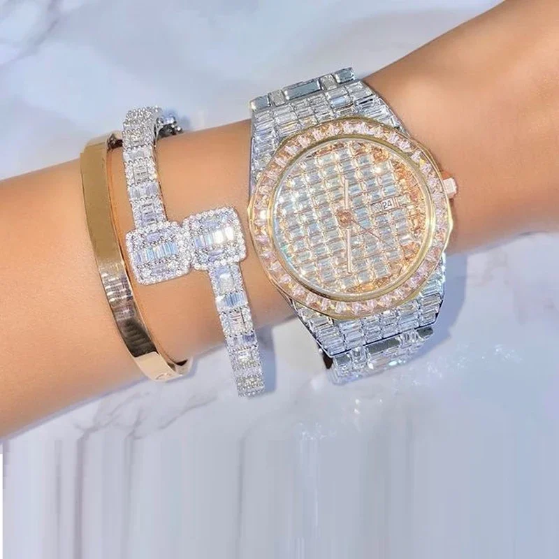 

2025 New Iced Out Bling Women Jewelry Geometric Square CZ Cluster Bangle Ring Set 5A Cubic Zirconia Jewelry Drop Shipping