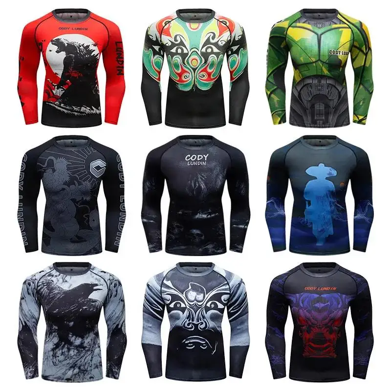 Men MMA BJJ Rashguard Long T Shirts Rash Guard Fitness Tracksuit Boxing Jerseys Muay Thai Compression Kickboxing Sport Suit 10