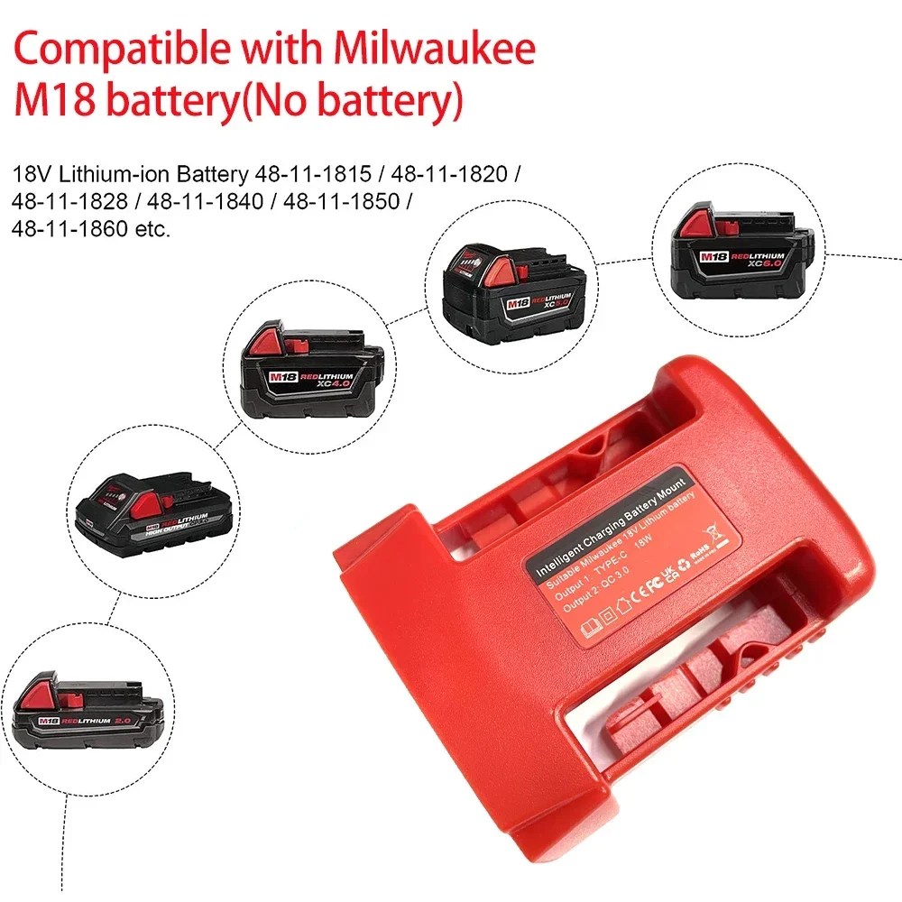 Carregador Rápido USB para Milwaukee 18V Li-ion, Suporte de Bateria Portátil, Adaptador com USB e Saída Tipo C, Carregamento Rápido