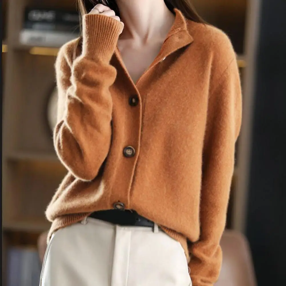 

Solid Color Women Jacket Stylish Women's Knitwear Cardigan Jacket With Stand Collar Long Sleeves Cozy Single-breasted Sweater