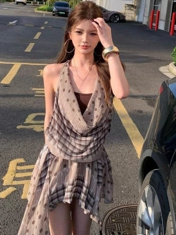 Streetwear Plaid Patchwork Dre - Y2K Backless Halter Mini Dress recension och pris
