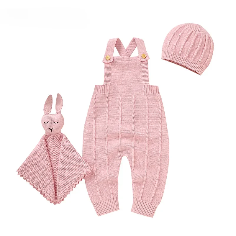 Tute per neonati cappelli coperte di sicurezza completi 3 pezzi set indossare neonate pagliaccetti vestiti 0-18m rosa senza maniche a maglia