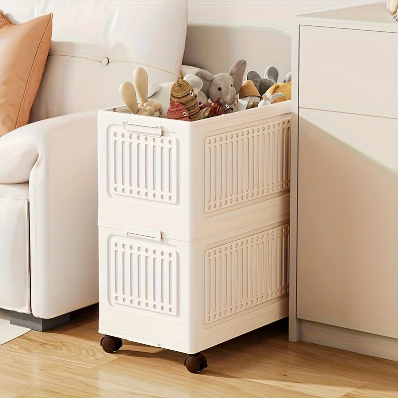 

Butter Cream Storage Box with 4 Rolling Covers, Multi-Function Toy Cabinet for Home and Outdoor,Sturdy Flat Bedside Storage Rack