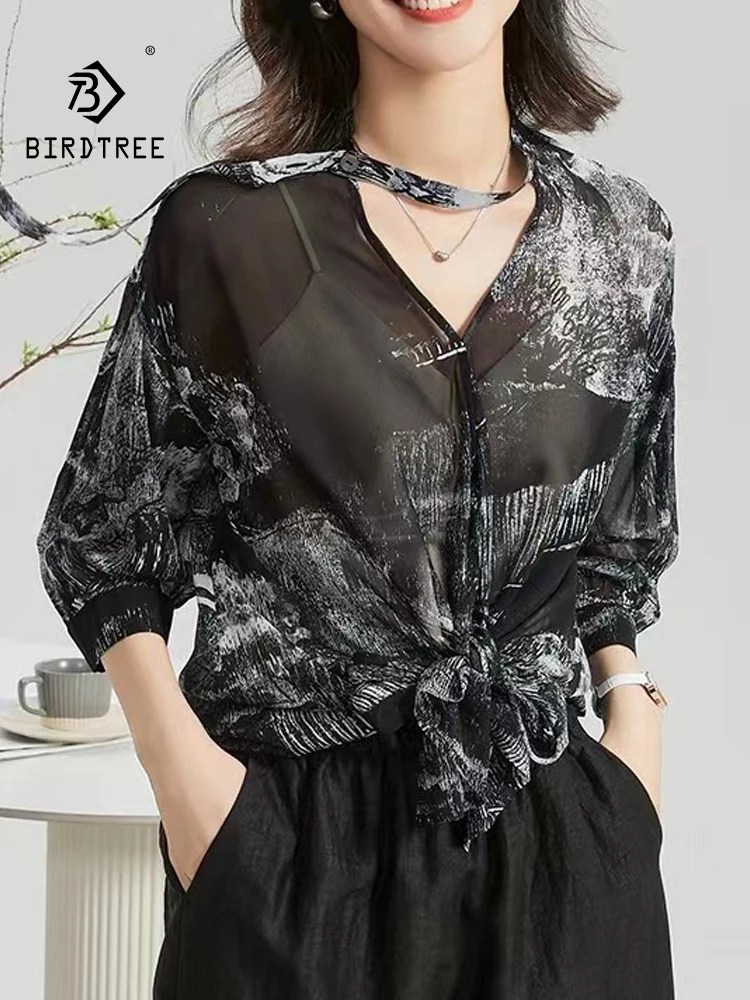 

BirdTree, 6A 100%Real Silk Elegant Shirts, Women Long Sleeve Ink Wash Ribbon, Fashion Office Lady Blouse, 2024 Summer T45031QC