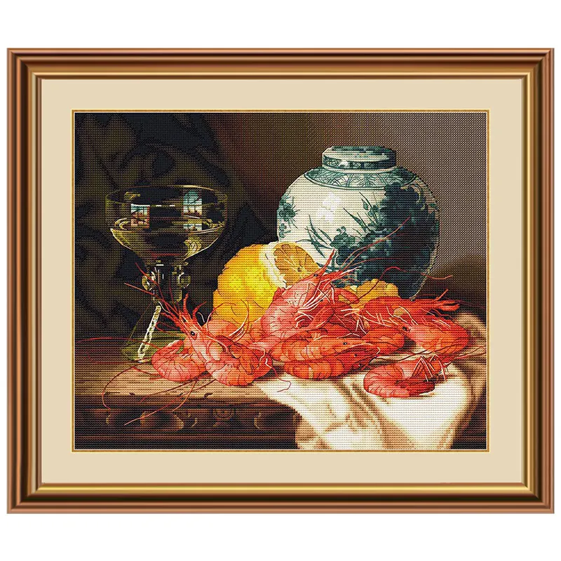 Fishxx Cross Stitch Kit S360 Restaurant Food Lemon Shrimp Black Cloth Large Picture