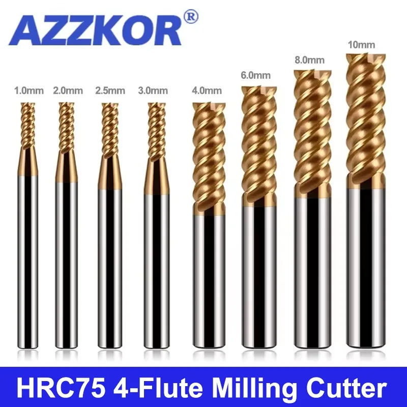 AZZKOR HRC75 4-Flute Special For Heat Treatment Quenching Materials Milling Cutter Tungsten Steel Carbde CNC Endmills Tools