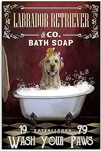 Bathtub Dog Retro Metal Sign, Labrador Bathroom Bath Soap Bubble Iron Poster Vintage Toilet Cave Bar Home Wall Decoration Sign