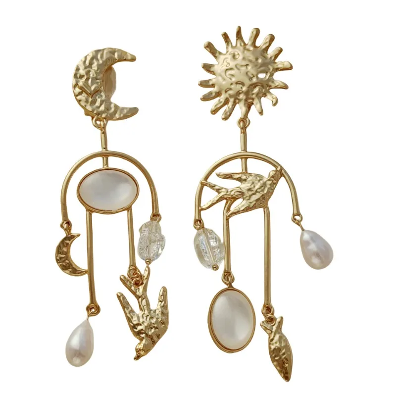 AB Style Unique Design, Exaggerated Earrings, Shoulder-sweeping Tassel Pearl Dangle Fly Bird Charms Moon Sun Long Earrings