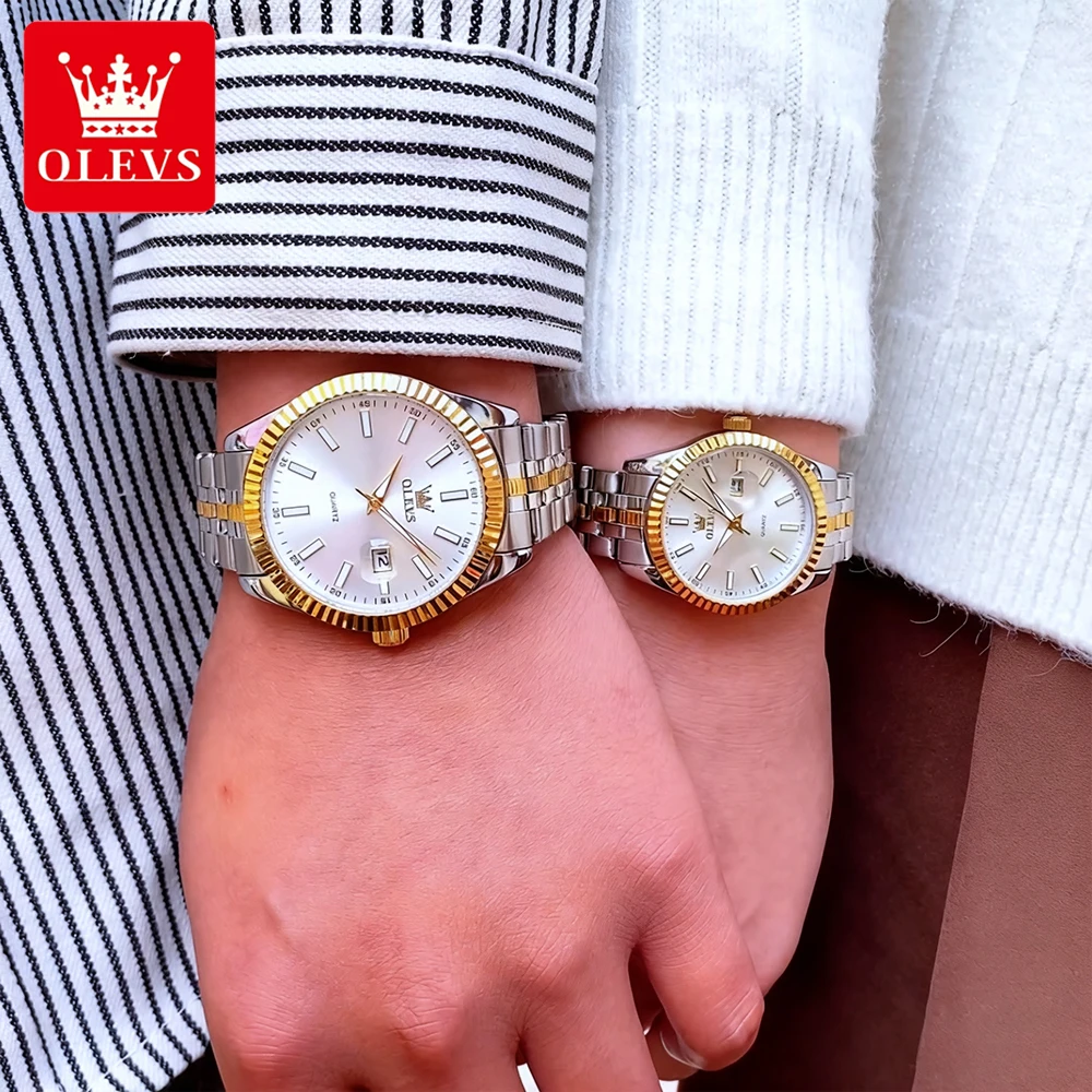 OLEVS ساعات الزوجين العلامة التجارية الفاخرة غرامة الصلب الأصلي كوارتز ساعة اليد للحبيب الخيوط الحافة مقاوم للماء تاريخ مضيئة