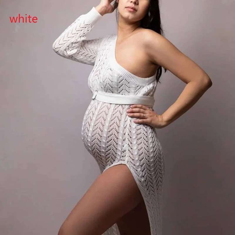 Vestido de fotografía de maternidad de un hombro para mujer, Vestido de punto con abertura alta, falda larga, vestido de fotografía para sesión de