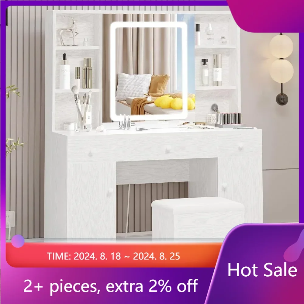 Dressing table set with large LED illuminated mirror and power socket, 7-drawer  table and dressing table, with storage table