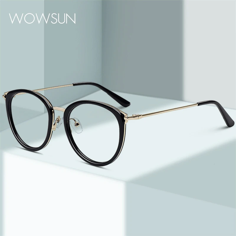 WOWSUN Round Metal Anti Blue Light Computer Glasses Women's Fashion Academy Style Flat Lenses AA184