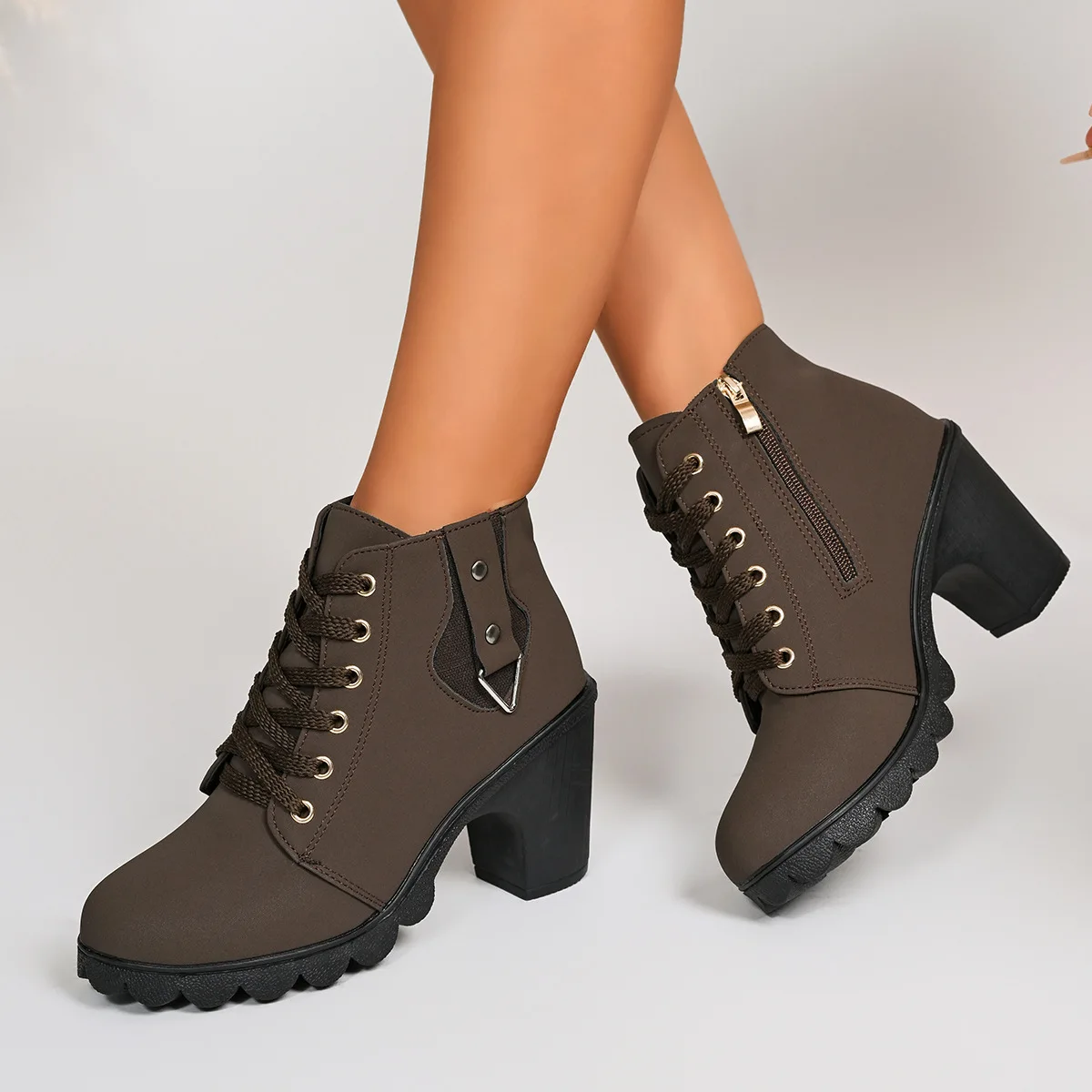 Women's round Toe Leather Boots High Heels Lace-Up Short Autumn Winter New Style round Toe Short Boots for Ladies