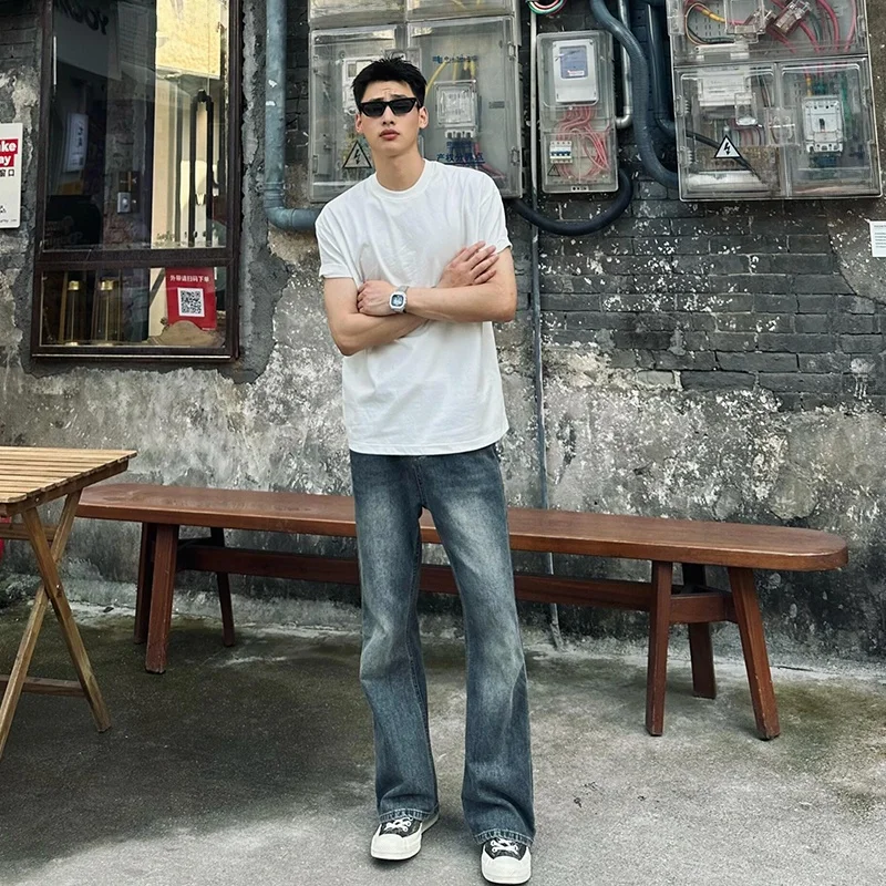 

Винтажные синие мужские джинсы с высокой талией, прямые длинные брюки, американские летние модные брендовые молодежные прямые брюки