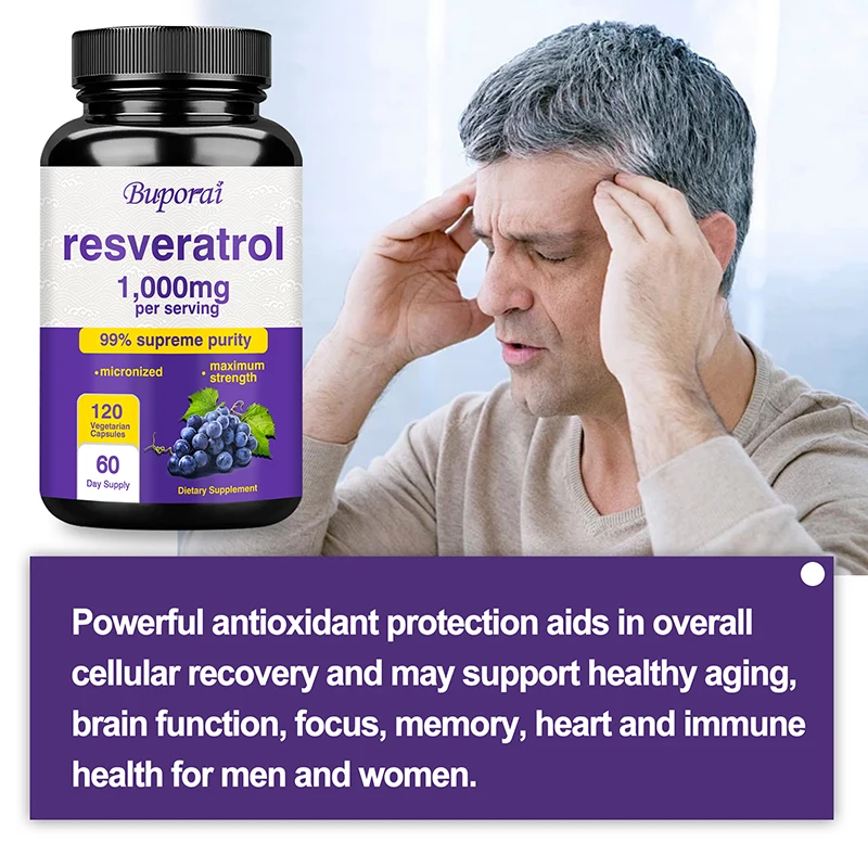 Resveratrol Supplement - 99% Trans-resveratrol, Healthy Aging, Brain & Heart Support, Antioxidant