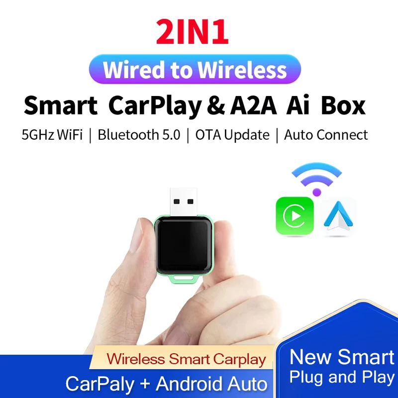 

Новый цветной беспроводной адаптер CarPlay CarPlay Android Auto A2A, проводной к беспроводному адаптеру для Audi Toyota Mazda Nissan Chevrolet Suzuki