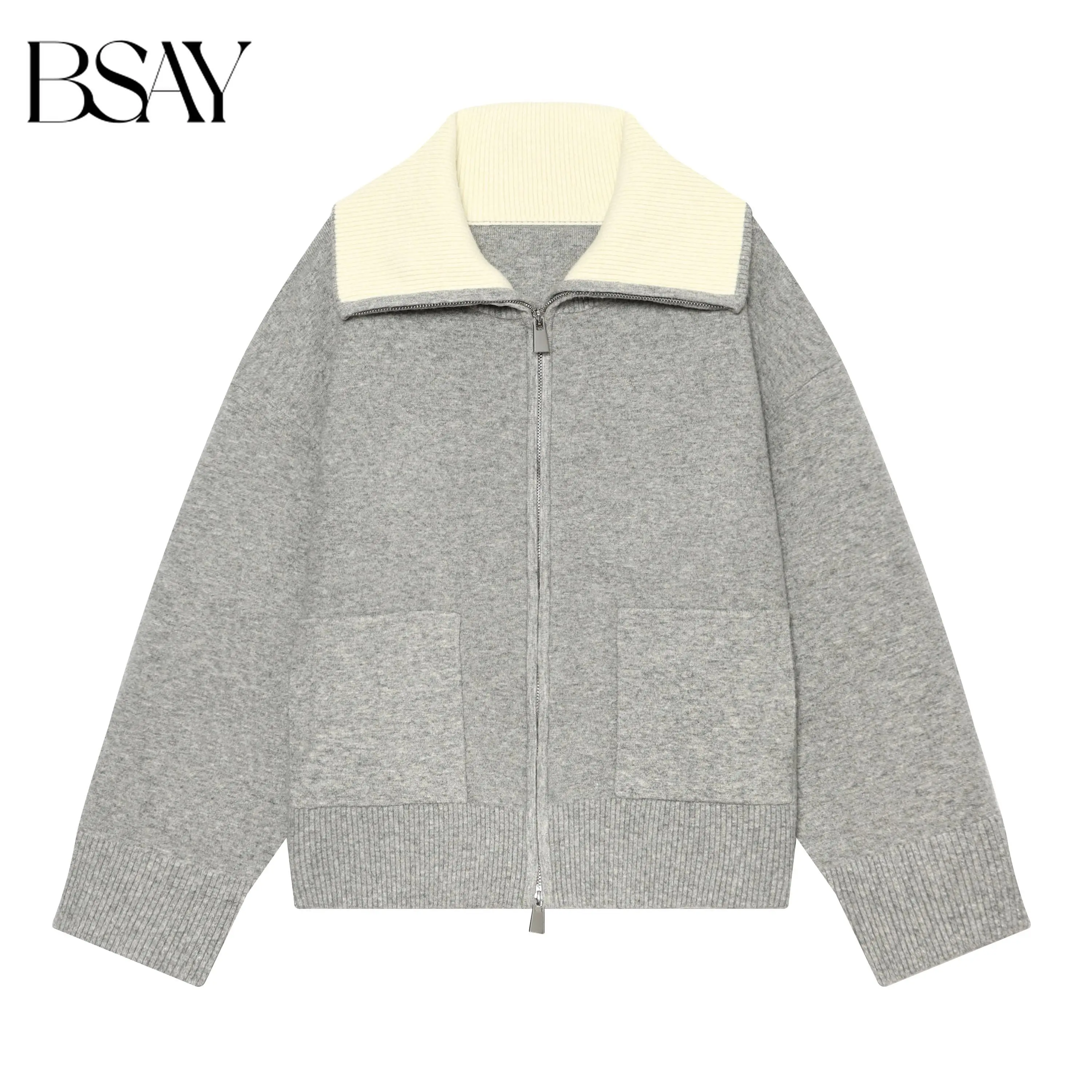 BSAY 2026 Autumn New Women Color Block Collar Knitted Jacket Full Zip Long Sleeve Loose Fit Pocket Knit Cardigan Outerwear Coat