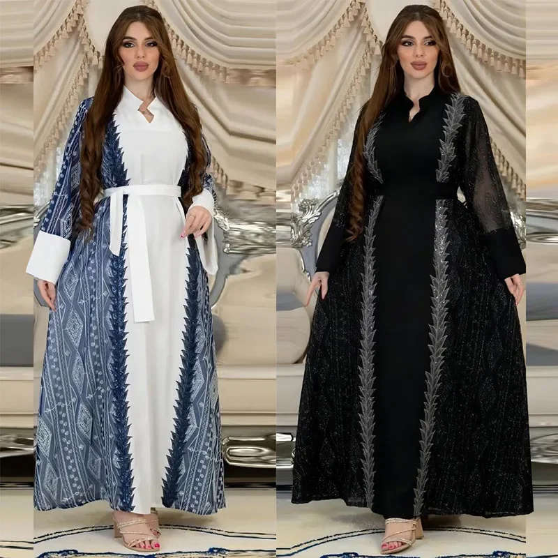 Lace-up Muslim Dresses Women with Belt  Eid Caftan Turkish Dubai Abaya for Women Elegance Embroidery Sequin Party Dress Kaftan