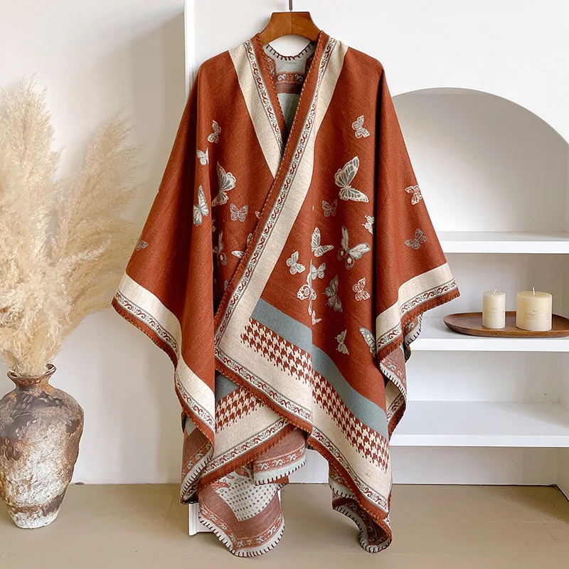 Autumn and Winter New Ethnic Warm Imitation Cashmere Scarf Women Double-sided Butterfly Thickened Scarves Shawl Cape Outside